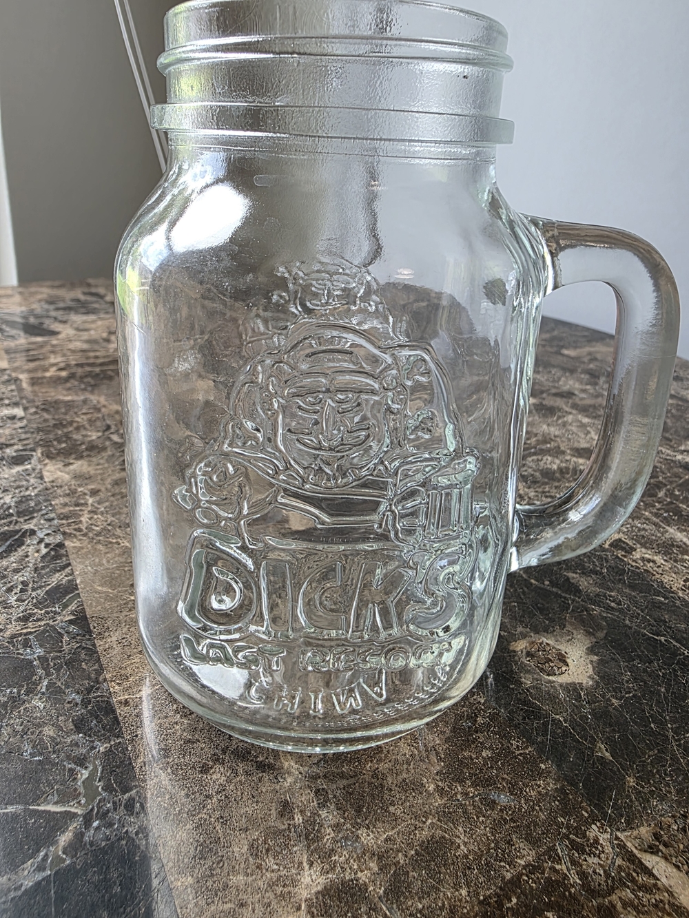 Clear Glass DICKS LAST RESORT Mason Jar Mug with Handle - Home Dining